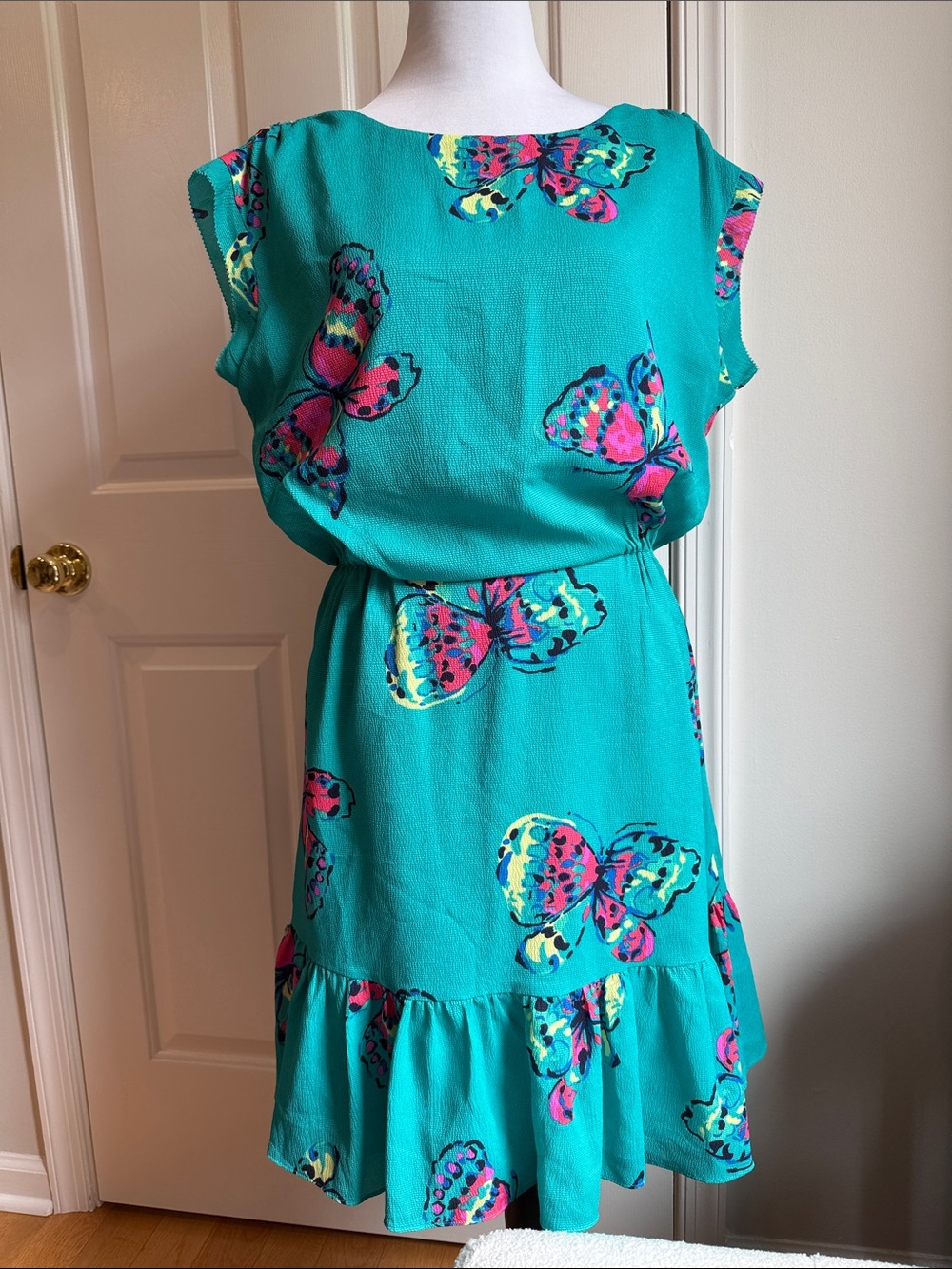 Lilly Pulitzer Teal Butterfly Ruffle-Hem Dress